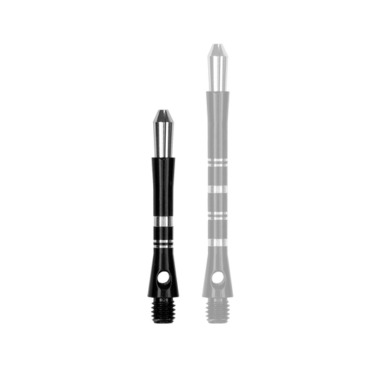 560_Target_Colette_Shafts_Schwarz_35mm_1oyYTYTvlzjUdm Das Bild zeigt zwei schwarze Harrows Colette Shafts in unterschiedlichen Längen. Sie haben silberne Akzente und sind für Dartpfeile gedacht.