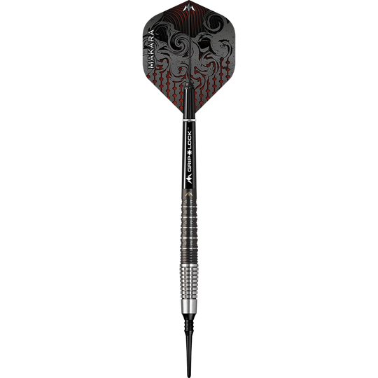 Mission Makara M2 soft darts - 20g Das Bild zeigt einen Mission Makara M2 Softdart mit einem Gewicht von 20g. Der Dart hat ein auffälliges Flight-Design in Schwarz und Rot sowie eine geriffelte silber-schwarze Griffzone.
