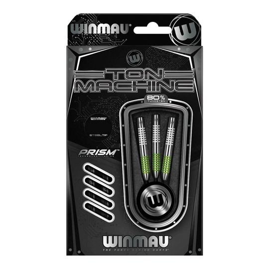 Die Abbildung zeigt die Winmau Ton Machine Steeldarts. Es handelt sich um hochwertige Dartpfeile für Steeldartspiele.