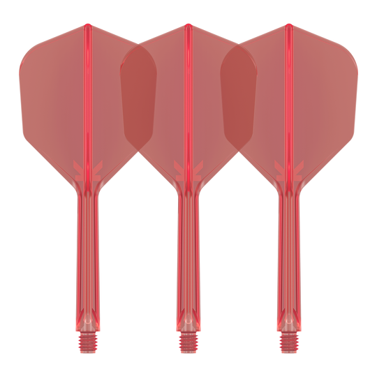 Target K-Flex No6 Flight System - Red Auf dem Bild sind drei rote Dart-Flights mit integrierten Schäften zu sehen. Sie stehen nebeneinander und sind identisch gestaltet.