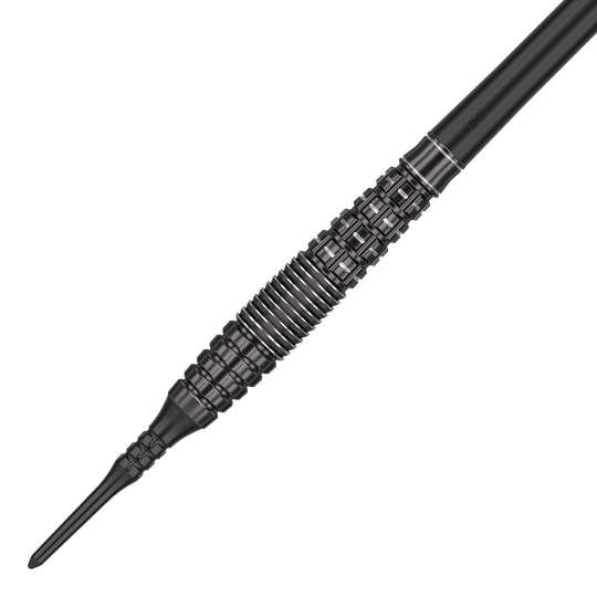 Target Japan Black Marque Phantom Soft Darts - 18g Dies ist ein schwarzer Softdart namens "Target Japan Black Marque Phantom Softdarts - 18g". Der Dart hat ein auffälliges, geometrisch gemustertes Barrel-Design.
