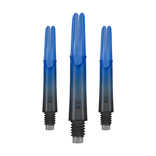 L-L-Style-Shaft Locked Straight Natural9 TwoTone Shafts - Blue Das Bild zeigt drei gerade Dartschäfte mit einem Farbverlauf von Schwarz zu Blau. Sie haben Gewinde am unteren Ende und sind ohne Kappen abgebildet.