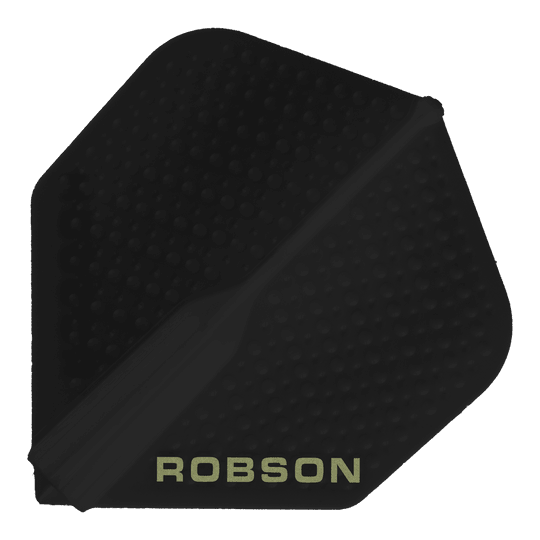 Robson Plus Dimple Flights - Black Dieses Bild zeigt ein schwarzes Dart-Flight mit dem Namen "Robson Plus Dimple Flights - Schwarz". Auf dem Flight steht am unteren Rand das Wort "ROBSON" in hellen Buchstaben.