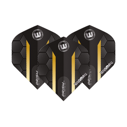 6915-185_Winmau_Prism_Alpha_Gold_Standard_Flights_1l7Zc5wEcStypV Das Bild zeigt die Winmau Prism Alpha Gold Standard Flights für Dartpfeile. Die Flights sind schwarz mit einem goldenen Streifen und geometrischem Muster gestaltet.