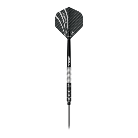 Das Bild zeigt einen Steeldart namens "Bulls Challenger Arno Merk Steeldarts - 22g". Der Dartpfeil ist schwarz-silber und hat ein modernes Design mit strukturiertem Schaft und schwarzer Flight.