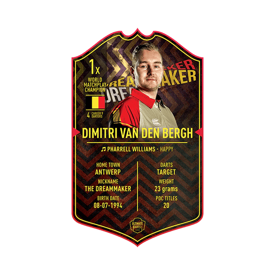 UDC-31_Ultimate_Darts_Card_Standard_DimitriVanDenBergh_1 Auf dem Bild ist die Ultimate Darts Karte von Dimitri Van Den Bergh zu sehen. Die Karte zeigt ein Porträt von ihm sowie wichtige Informationen zu seiner Dartkarriere.