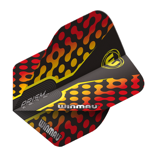 Das Bild zeigt die Winmau Prism Zeta RedOrange Standard Flights für Dartpfeile. Das Design ist schwarz mit roten und orange-gelben Mustern und dem Winmau-Logo.