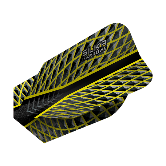 HR87_Harrows_Silika_Yellow_Slim_Flights_2 Das Bild zeigt das Produkt "Harrows Silika Yellow Slim Flights". Es hat ein schlankes Design mit einem auffälligen gelben und schwarzen Muster.
