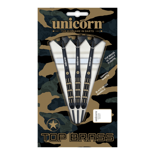 Unicorn Top Brass V3 Steeldarts - 21g Auf dem Bild ist das Produkt „Unicorn Top Brass V3 Steeldarts - 21g“ zu sehen. Die Verpackung enthält drei schwarze Darts mit goldenen Akzenten und weiß-schwarzen Flights.