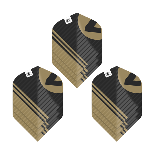 337219_Target_ProUltra_3Sets_Chicane_Black_No2_Standard_Flights_1GfKd1kYTo8y59 Das Bild zeigt drei Sets von Target Pro Ultra Chicane Black No2 Standard Flights. Die Flights sind schwarz mit goldenen Akzenten und haben ein modernes, gestreiftes Design.