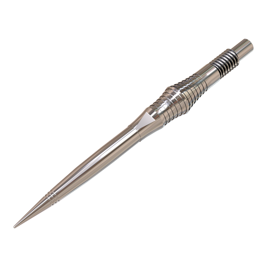 Harrows Quick Point Spire Elite Series Dart Tips - Silver Auf dem Bild sind einzelne silberne Dartspitzen zu sehen. Sie sind groß abgebildet und deutlich dargestellt.