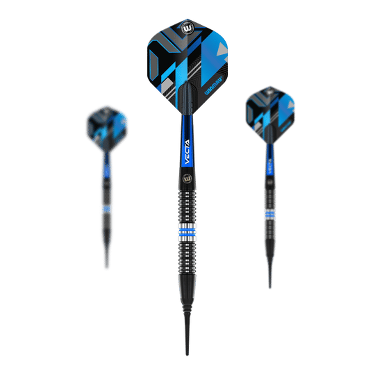 Winmau Galactics soft darts - 20g Das Bild zeigt drei Winmau Galactics Softdarts mit einem Gewicht von 20g. Die Darts haben ein modernes Design in Blau und Schwarz mit markanten Linien auf den Flights.