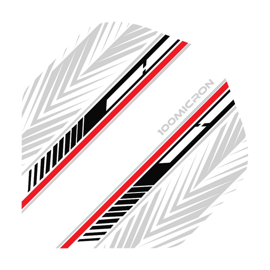 Pentathlon Flights white/black/red Das Bild zeigt einen Pentathlon No2 Standard Flight in den Farben Weiß, Schwarz und Rot. Das Design besteht aus schrägen Linien und einem modernen Muster mit der Aufschrift „100 MICRON“.
