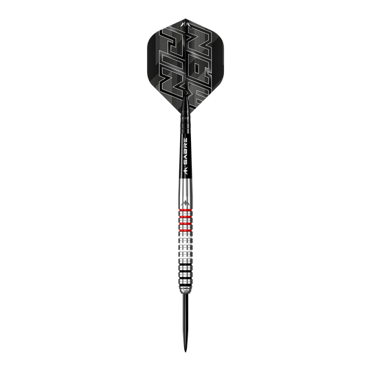 Mission Wessel Nijman steel darts - 23g Das Bild zeigt einen Steeldart namens "Mission Wessel Nijman Steeldarts - 23g". Der Dart ist silberfarben mit roten Ringen und hat einen schwarzen Flight mit dem Namen "Nijman" darauf.