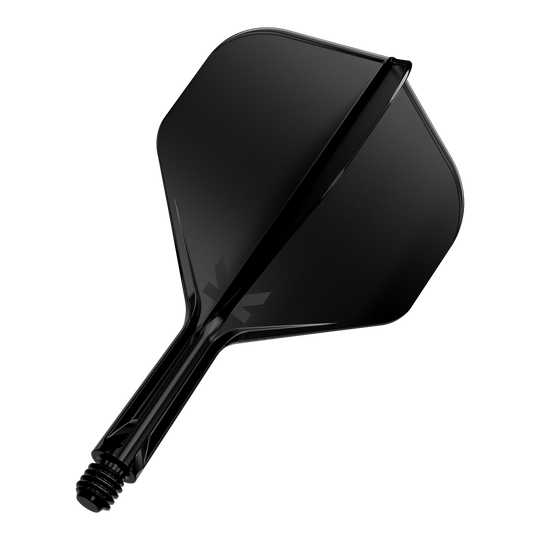 Target K-Flex No2 Standard Flight System - Black Das Bild zeigt ein schwarzes Dartflight mit integriertem Schaft. Das Design ist schlicht und modern gehalten.