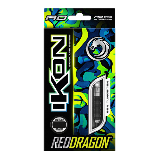 Red Dragon Ikon 3 Steeldarts Auf dem Bild ist die Verpackung der "Red Dragon Ikon 3 Steeldarts" zu sehen. Die Packung ist bunt gestaltet und hebt hervor, dass die Darts aus 85% Tungsten bestehen.