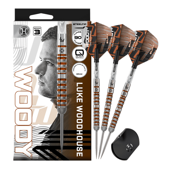 Harrow's Luke Woodhouse Series 3 Quick Point Steel Darts Gezeigt werden die Harrows Luke Woodhouse Series 3 Quick Point Steeldarts. Sie bieten eine hochwertige Verarbeitung und ein modernes Design.