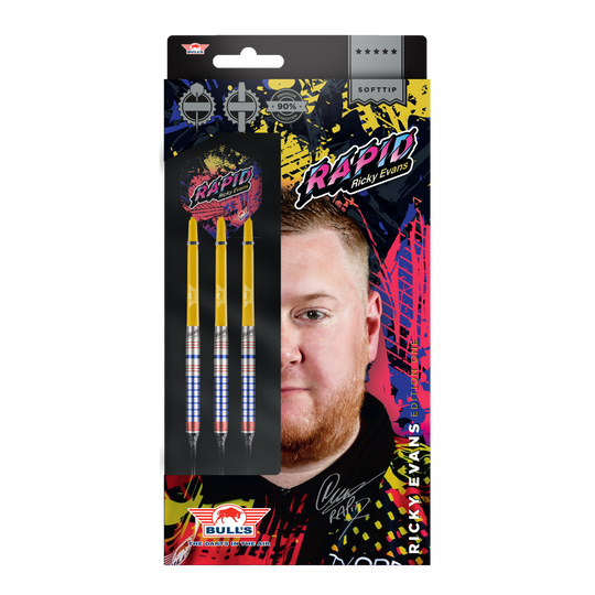 Das Bild zeigt die Verpackung der "Bulls NL Ricky Evans Rapid Edition One Softdarts - 20g". Auf der Verpackung sind drei Softdarts und ein Porträt von Ricky Evans abgebildet.