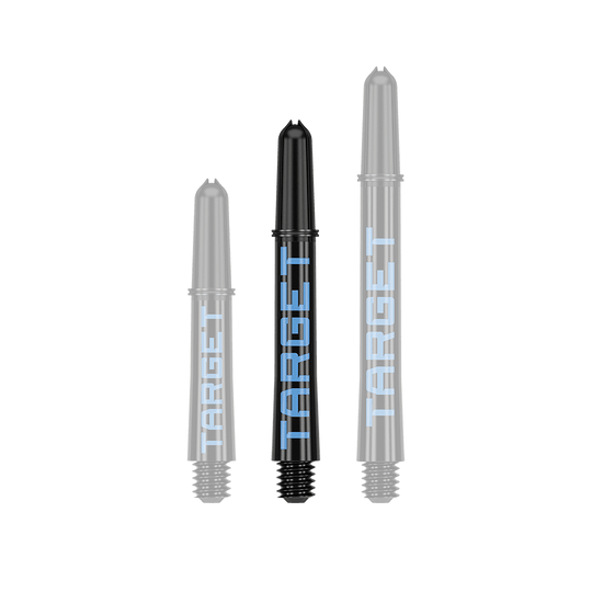 Target Pro Grip TAG Shafts - 3 Sets - Black Blue Das Bild zeigt drei schwarze Dartschäfte in unterschiedlicher Länge mit blauer Aufschrift "TARGET". Sie sind in einer Reihe nebeneinander angeordnet.
