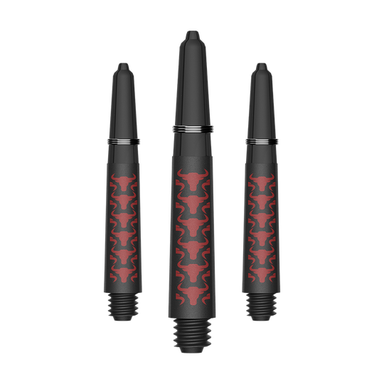 Das Bild zeigt ein Set aus roten Capo Carbon Shafts mit einer kurzen Länge von 34mm. Es handelt sich um Zubehör für Dartpfeile.