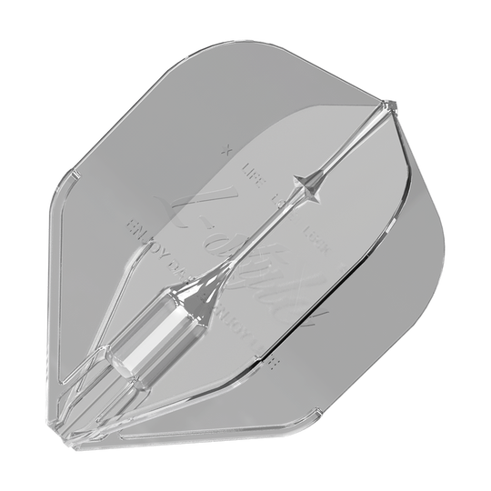 L-Style Fantom L1EZ Flights Clear Das Bild zeigt ein transparentes Dartflight des Modells "L-Style Fantom L1EZ Flights Clear". Das Flight hat eine klare, glänzende Oberfläche und eine spezielle Form für Stabilität beim Werfen.