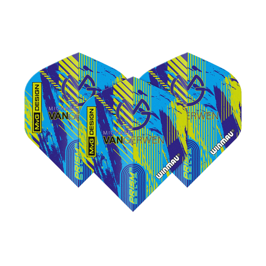 Das Bild zeigt die Winmau Delta Michael Van Gerwen Prism 04 Standard Flights. Sie haben ein farbenfrohes Design in Blau, Gelb und Schwarz mit dem Namen und Logo von Michael Van Gerwen.