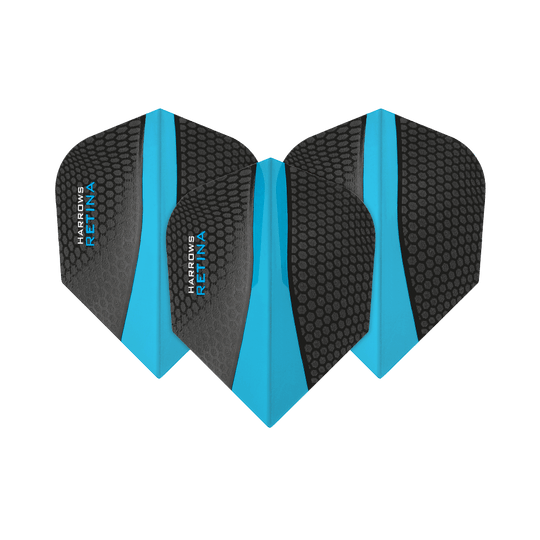 Das Bild zeigt drei Harrows Retina Aqua No6 Flights für Dartpfeile. Die Flights sind schwarz mit einem blauen Streifen in der Mitte und einem Wabenmuster.
