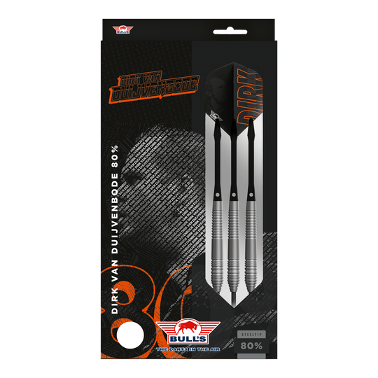 Bulls NL Dirk Van Duijvenbode 80 steel darts Auf dem Bild ist eine Verpackung der "Bulls NL Dirk Van Duijvenbode 80 Steeldarts" zu sehen. Die Packung zeigt drei silberne Steeldarts und enthält den Namen des Spielers sowie das Bulls-Logo.