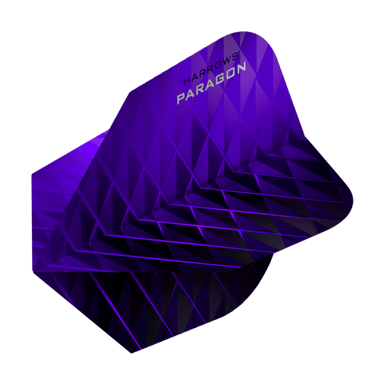 HR7603_Harrows_Paragon_Purple_No2_Standard_Flights_2 Das Bild zeigt das Produkt "Harrows Paragon Purple No2 Standard Flights". Die Dart-Flights sind in einem auffälligen lila Farbton mit geometrischem Muster gestaltet.