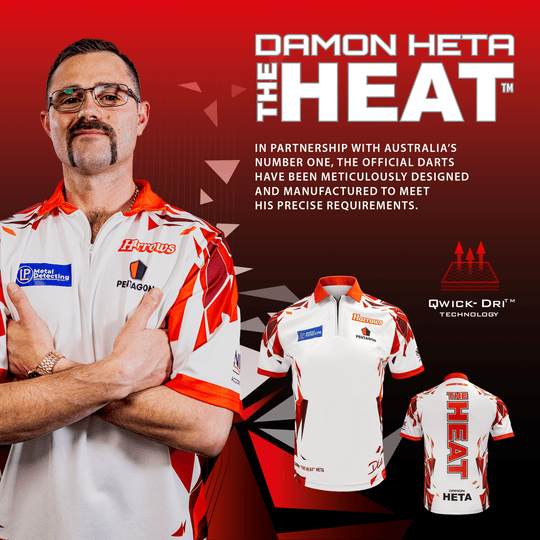 Harrow's Damon Heta player shirt Das Bild zeigt das Harrows Damon Heta Playershirt. Es handelt sich um ein original Dartspielertrikot.