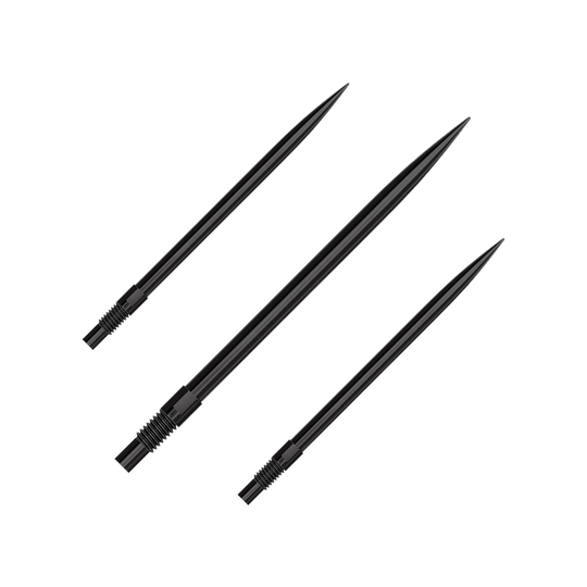 Ein Set aus schwarzen QuickPoint Dartspitzen mit 40 mm Länge. Die Dartspitzen liegen auf einer neutralen Oberfläche.