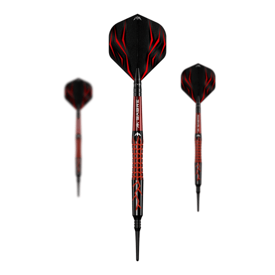 Mission Lava Softdarts - 20g Das Bild zeigt den Mission Lava Softdart mit einem Gewicht von 20g. Der Dart hat ein schwarzes Design mit roten Akzenten und einem auffälligen Muster auf dem Schaft.