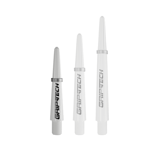 GOAT Griptech Shafts - White Das Bild zeigt drei silberne Dartschäfte in verschiedenen Längen. Auf jedem Schaft steht das Wort "GRIPTECH".