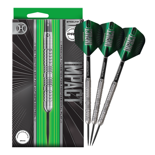 Harrows Impact Steel Darts Das Foto zeigt die vollständigen Harrows Impact Steeldarts. Die Darts sind fertig zusammengestellt für den Gebrauch.