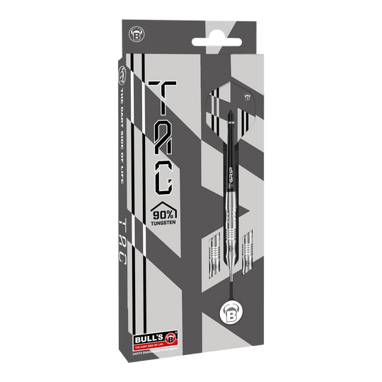 Bulls Tac T1 Steeldarts Die Abbildung zeigt die Verpackung der "Bulls Tac T1 Steeldarts". Auf der Vorderseite ist zu sehen, dass die Darts zu 90% aus Tungsten bestehen.