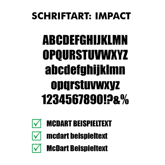 Flightdruck_Schriftart_Impactjj15ZvitquBlz Das Bild zeigt die Schriftart "Impact" mit Beispieltexten in Groß- und Kleinbuchstaben sowie Zahlen und Sonderzeichen. Unten sind drei Varianten von Beispieltexten mit grünen Häkchen dargestellt.
