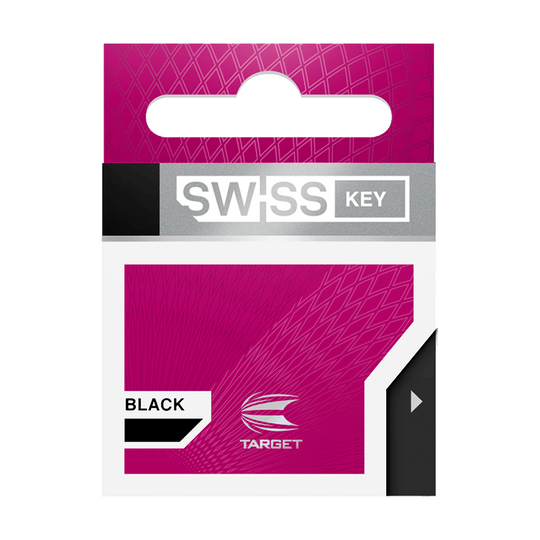 340007_Target_Swiss_Point_Key_Premium_3 Das Bild zeigt die Verpackung des Produkts „Target Swiss Point Key Premium“ in der Farbe Schwarz. Die Verpackung ist überwiegend pink mit weißen und schwarzen Akzenten und dem Target-Logo.
