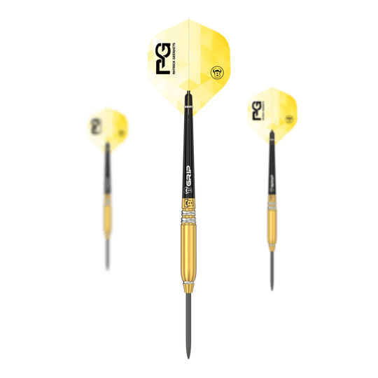 Das Bild zeigt drei Steeldarts des Modells "Bulls Patrick Geeraets" mit einem Gewicht von 23 Gramm. Die Darts haben gelbe Flights und einen goldfarbenen Barrel.