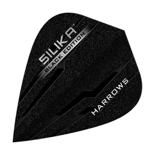 Harrows Silika Black Edition Kite Flights Das Bild zeigt ein Harrows Silika Black-Edition Kite Flight in schwarzem Design. Auf der Oberfläche stehen die Wörter "Silika Black Edition" und "Harrows" in silberner Schrift.