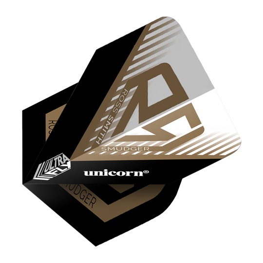 Das Bild zeigt die Unicorn Ultrafly 100 Ross Smith Plus Flights mit einem modernen Design in Schwarz, Gold und Weiß. Auf der Flight-Oberfläche sind die Wörter "Ross Smith", "Unicorn" und "Smudger" zu sehen.