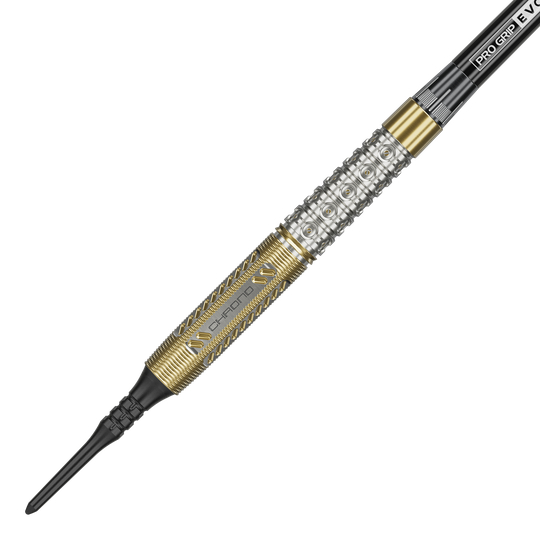 Der Target Raymond Van Barneveld Chrono 95 Softdart hat ein auffälliges silber-goldenes Design. Das Barrel ist mit feinen Gravuren und dem Schriftzug "CHRONO" versehen.