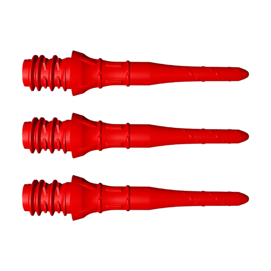 LIP37_L-Style_Premium_Lippoints_Short_Rot_1 Das Bild zeigt drei kurze rote Dartspitzen, die nebeneinander liegen. Sie haben ein markantes, strukturiertes Gewinde am hinteren Ende.