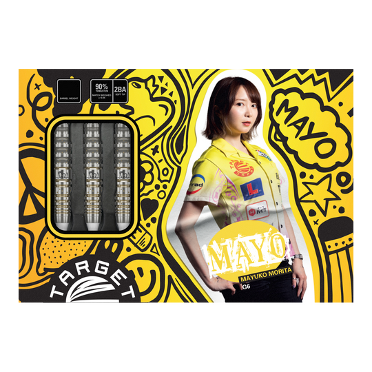 Die Verpackung zeigt die "Target Japan Prime Series Mayuko Morita GEN6 Softdarts - 18g". Links sind die Darts zu sehen, rechts ist ein Bild von Mayuko Morita mit buntem Hintergrund.