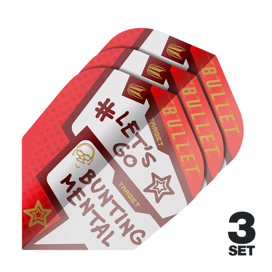 Target Pro Ultra Stephen Bunting Mental No6 Flights - 3 Sets Das Bild zeigt drei Sets der Target Pro Ultra Stephen Bunting Mental No6 Flights für Dartpfeile. Die Flights sind rot und weiß gestaltet und tragen die Aufschrift "#LET'S GO BUNTING MENTAL".