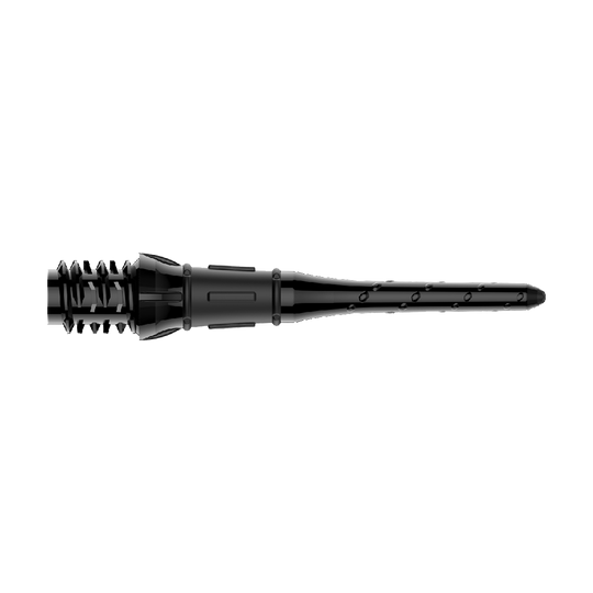 Premium Lippoints (30er Pack) - Spitzen Auf dem Bild ist eine schwarze Dartspitze zu sehen. Sie hat ein schlankes Design mit kleinen Einkerbungen und Details entlang der Spitze.