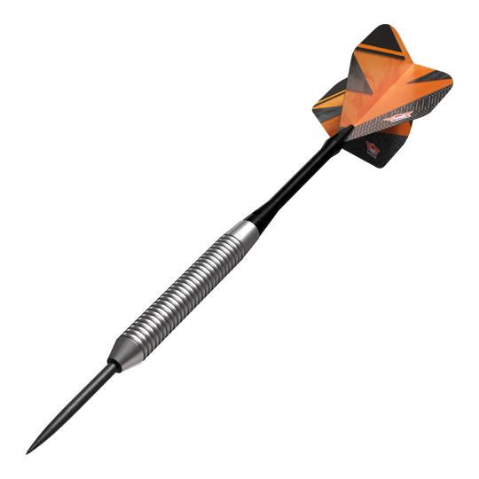 Bulls NL Lightning Orange Steel Darts Das Bild zeigt einen Bulls NL Lightning Orange Steeldart. Der Dart hat einen silbernen, gerillten Schaft und orangene Flights mit schwarzen Akzenten.