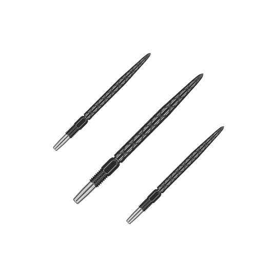 Target Swiss Diamond Pro Black Points dart tips Auf dem Bild sind drei schwarze Dartspitzen mit Diamantmuster zu sehen. Sie haben ein silberfarbenes Gewinde am Ende zum Befestigen an einem Dartpfeil.