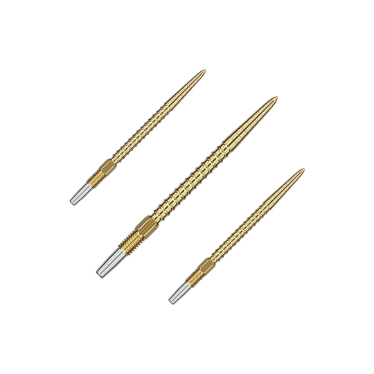 Das Bild zeigt drei goldfarbene Dartspitzen mit silbernem Gewinde am hinteren Ende. Sie sind gleichmäßig angeordnet und haben ein schlankes, spitzes Design.