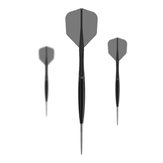 Abgebildet ist ein Set der Caliburn Chord C2 Steeldarts - 23,5g. Mehrere Darts werden zusammen präsentiert.