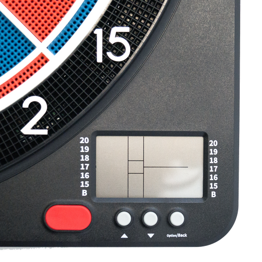 Karella CB-Smart Electronic Soft Dartboard Das Bild zeigt einen Ausschnitt der elektronischen Soft-Dartscheibe "Karella CB-Smart". Zu sehen sind ein Teil der Dartscheibe, das Display und mehrere Bedientasten.